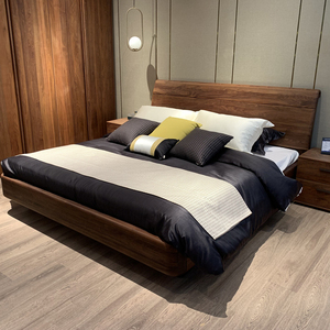 北欧e家黑核桃柞木木床新中式轻奢1.8米双人卧室全实木牛皮靠背床