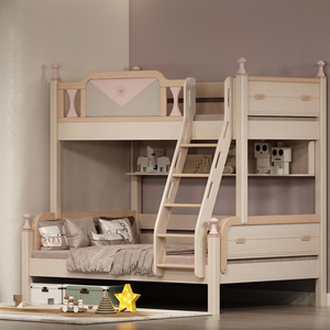 贵人缘 进口实木儿童上下床轻奢少女粉环保水性漆挂梯1.2米子母床