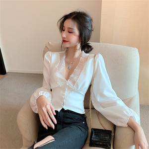 2020秋冬新款港味洋气气质时尚优雅蕾丝花边性感修身气质衬衫女潮