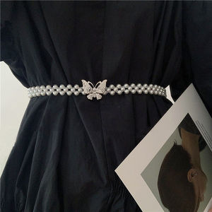 珍珠腰链女士大珍珠镶钻弹力收腰装饰配裙子细腰带串珠松紧皮带女