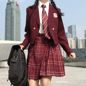 沙华jk制服裙正版套装秋冬圣诞节红色西装外套女学院风格子裙全套
