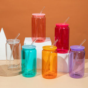 高硼硅透明可乐杯家用厨房吸管杯16oz易拉罐水杯家用塑料盖单层杯