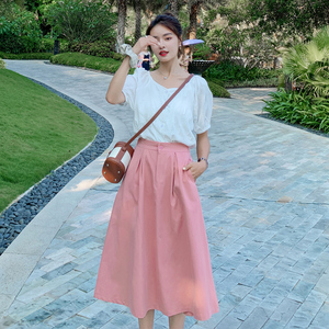 粉色半身裙女2021新款夏赫本风伞裙半身中长款高腰宽松显瘦a字裙