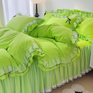 韩式花边床上四件套床裙款水洗棉被套床单少女心床品女孩家用床罩