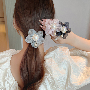 夏季新款韩版流金纱花瓣带钻皮筋 女神范珍珠缠绕丸子头发圈皮筋