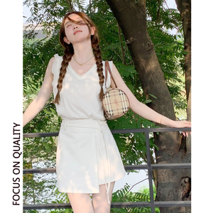 白色半身裙裤女夏设计感高腰系带不规则A字包臀短裙显瘦两件套装