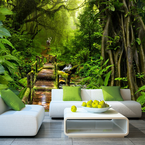 3d立体客厅原始森林大树墙纸卧室大自然雨林植物壁纸酒店民宿壁画