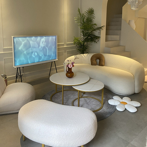 ins风羊羔绒网红沙发奶油色弧形创意服装店美容院客厅小户型轻奢