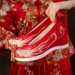 婚鞋秀禾婚纱两穿配古风古装坡跟红色汉服鞋女成人中式婚礼新娘鞋