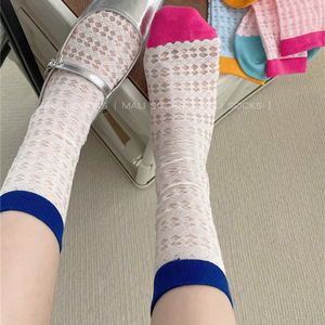 夏季袜子女薄款拼色中筒袜女ins网红粉色堆堆袜镂空彩色玻璃丝袜