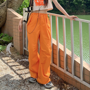 橙色美式工装裤子女夏季遮肉显瘦宽松直筒休闲拖地高腰阔腿长裤潮