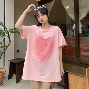 甜酷立体爱心印花粉色短袖t恤女ins潮百搭宽松半袖夏季中长款上衣