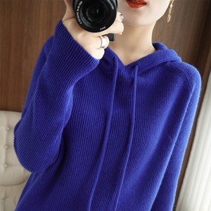 高级感克莱因蓝羊绒衫毛衣女秋冬季新款加厚宽松外穿针织连帽卫衣