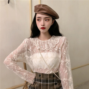 韩版chic气质蕾丝打底衫女2020秋季新款宽松网纱翻领长袖内搭上衣