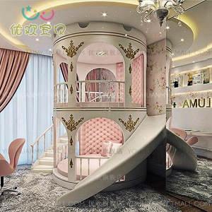 粉色梦幻公主床圆形上下床 实木上下双层圆床含滑梯 双层床公主床