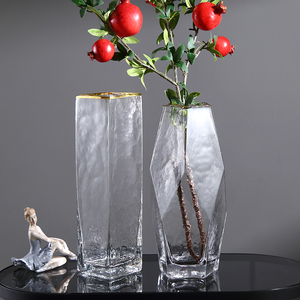 北欧轻奢描金玻璃花瓶透明冷纹几何创意水培鲜花插干花瓶客厅摆件