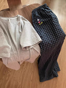 纯色休闲短袖T恤睡衣女2023年夏季新款家居服休闲格子长裤两件套