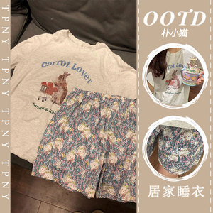 可爱小兔子圆领T恤睡衣女夏季2023年新款卡通印花短裤家居服套装