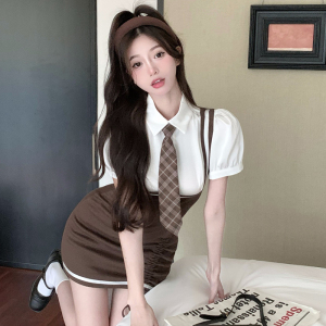 jk制服女装纯欲甜辣妹学院风polo领带衬衫吊带背心裙套装夏两件套