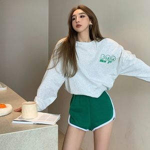 运动风休闲时尚宽松防晒长袖t恤高腰短裤套装女2022新款两件套ins