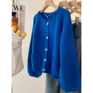 克莱因蓝针织开衫毛衣外套女早春季设计感小众灯笼袖蓝色上衣外搭