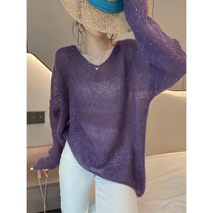 马海毛紫色软糯针织毛衣外穿女早春新款设计感小众微透宽松上衣薄