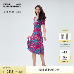 [双面皆美]DVF 女士V领A字裙中长款弹力网纱连衣裙DS2R010
