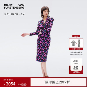 DVF 女士衬衫裙植物印花长袖中长款连衣裙DL3R033