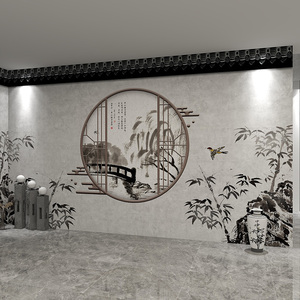 3d复古中式庭院砖纹采耳店墙纸火锅饭店花鸟山水壁纸茶楼禅意壁画