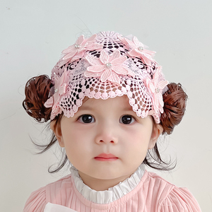 婴儿帽子夏季透气可爱女宝宝蕾丝公主风超萌幼儿女童假发发带发饰