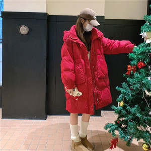 红色面包羽绒服外套女冬季2023新款韩版廓形宽松学生中长款小个子