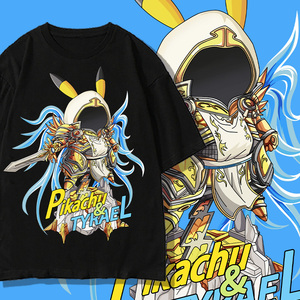 皮卡丘联名破坏神短袖男oversize宽松韩版卡通动漫印花衣服儿童棉