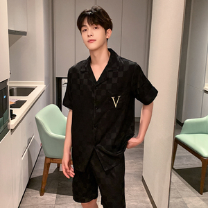 轻奢an&lv/岸绿冰丝睡衣男夏季薄款短袖短裤黑色格子空调棋盘格春