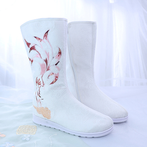 汉服靴子女春秋中长筒古风靴古装鞋单靴白色加绒皂靴高筒绣花布靴