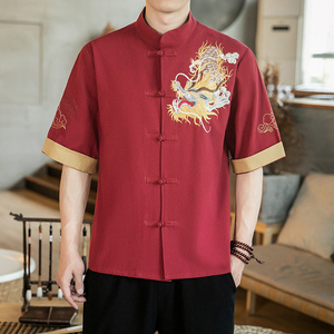 红色唐装男士短袖复古盘扣龙纹刺绣衬衫大码青年棉麻演出服中国风
