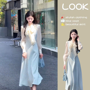韩剧气质高级感长袖连衣裙女装2024春秋新款假两件显瘦气质长裙子