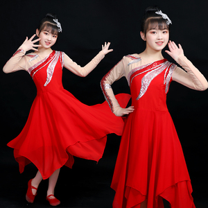 六一儿童舞台现代舞连衣裙演出服女童中国舞古典舞蹈表演服装红色
