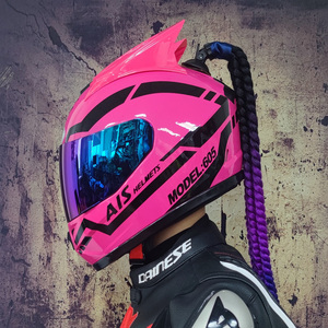 ais艾狮男女电动车全盔冬季防雾机车个性犄角脏辫头盔保暖围脖款