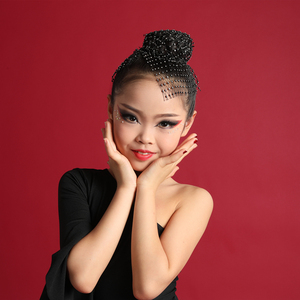 拉丁舞头饰女孩隐形发网表演用品演出带钻盘发儿童丸子头水钻饰品