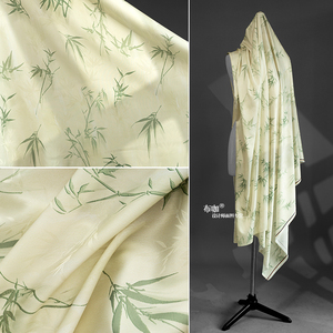 竹叶绿色旗袍布料竹子创意印染中式古风旗袍连衣裙服装设计师面料