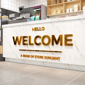 欢迎光临奶茶店铺墙壁装饰布置背景贴纸英文酒吧服装网红收银吧台