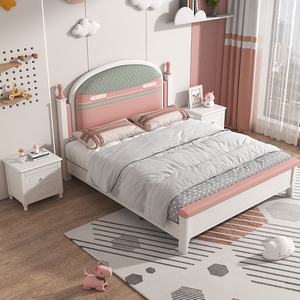 简约现代实木儿童床女孩公主床软包床头1.5单人床轻奢女童实木床
