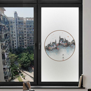 窗户磨砂玻璃贴膜新中式江南风景画卫生间浴室移门自粘贴纸全遮光