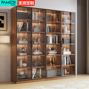 轻奢书柜实木定制玻璃门防尘柜子客厅展示柜转角一体组合整墙书架