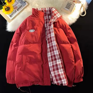 两面穿羽绒棉服棉衣女冬季2024新款小个子格子新年红色厚棉袄外套