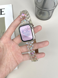 Apple Watch适用S7表带iWatch8苹果手表SE/1/2/3/4/5代小冰块表带镭射冰川透明新款钢化膜保护壳45/41mm夏季