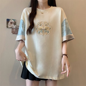 新中式短袖T恤女夏季大码胖mm显瘦遮肚子设计感国风刺绣唐装上衣