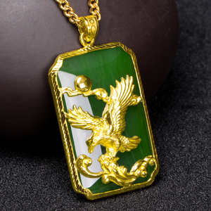 黄金观音吊坠999足金碧玉马龙牌黄金镶玉吊坠大鹏挂件