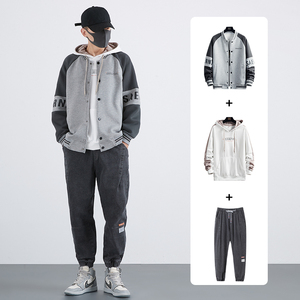 棒球服三件套春秋季潮牌中学生休闲运动连帽卫衣搭配牛仔裤套装男