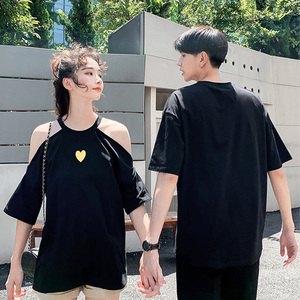 情侣装夏装韩版港风ins两件套爱心露肩短袖休闲宽松t恤女百搭学生